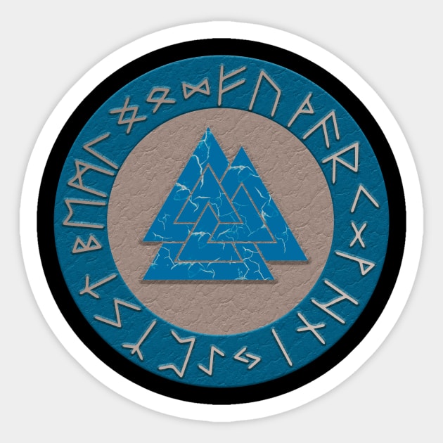 Vikings Distressed Valknut and Runes Blue and Silver Sticker by vikki182@hotmail.co.uk